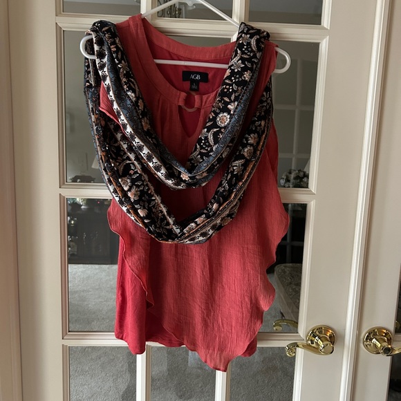 Sleeveless burnt orange top with overlay; includes a patterned infinity scarf - Picture 1 of 4